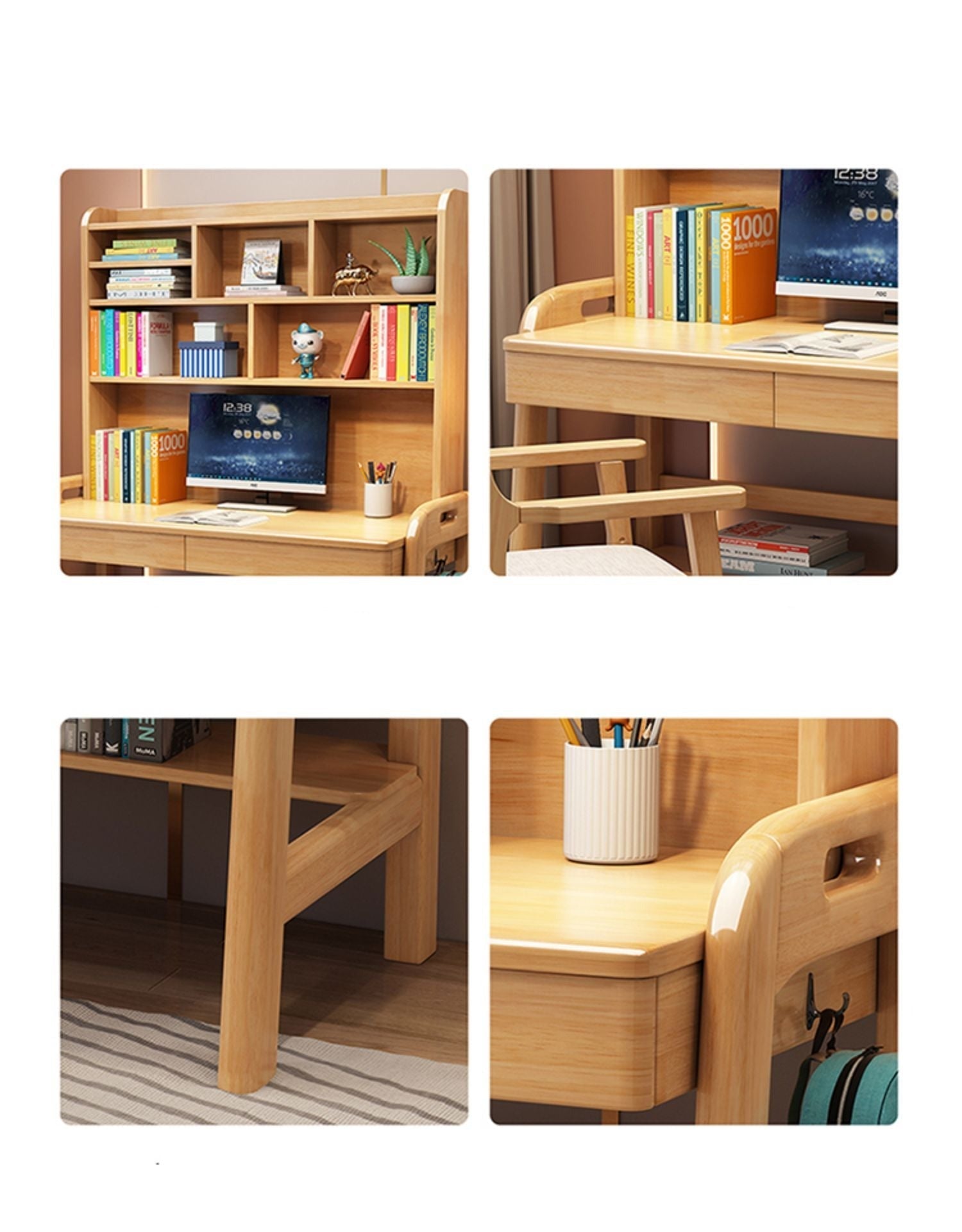 Solid Wood Study Desk with High Shelf and Drawers/Bookcase/Rubberwood/Natural wood color