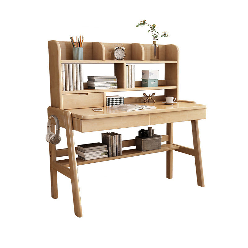 Ave Solid Wood Study Desk with Shelf and Drawers/Bookcase/Rubberwood/Natural wood color