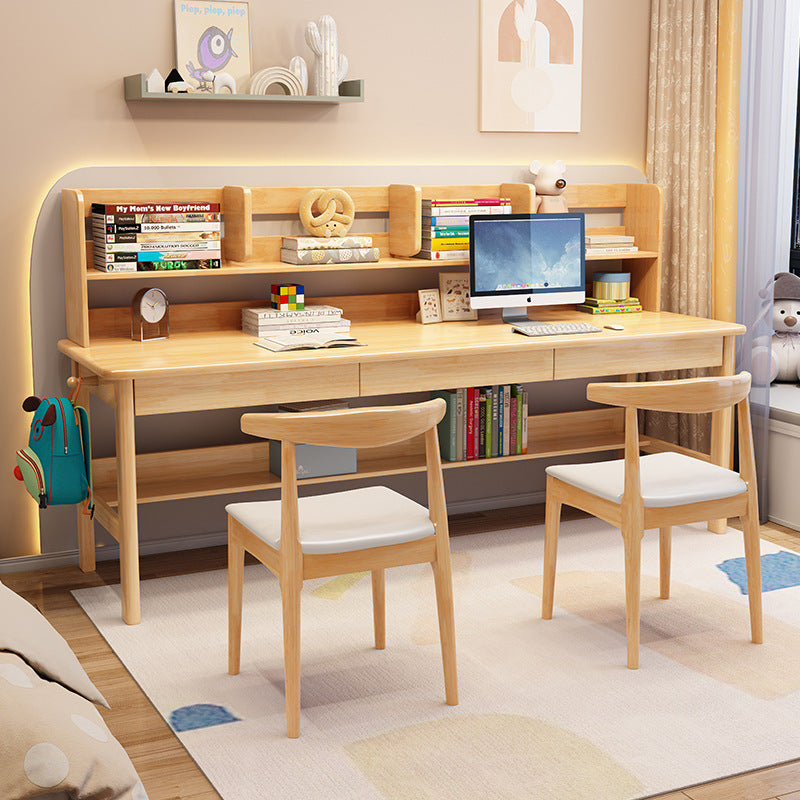 Dalenna Solid Wood Study Desk with Book Shelves and Drawers/Rubberwood/Long Study Desk/Natural color