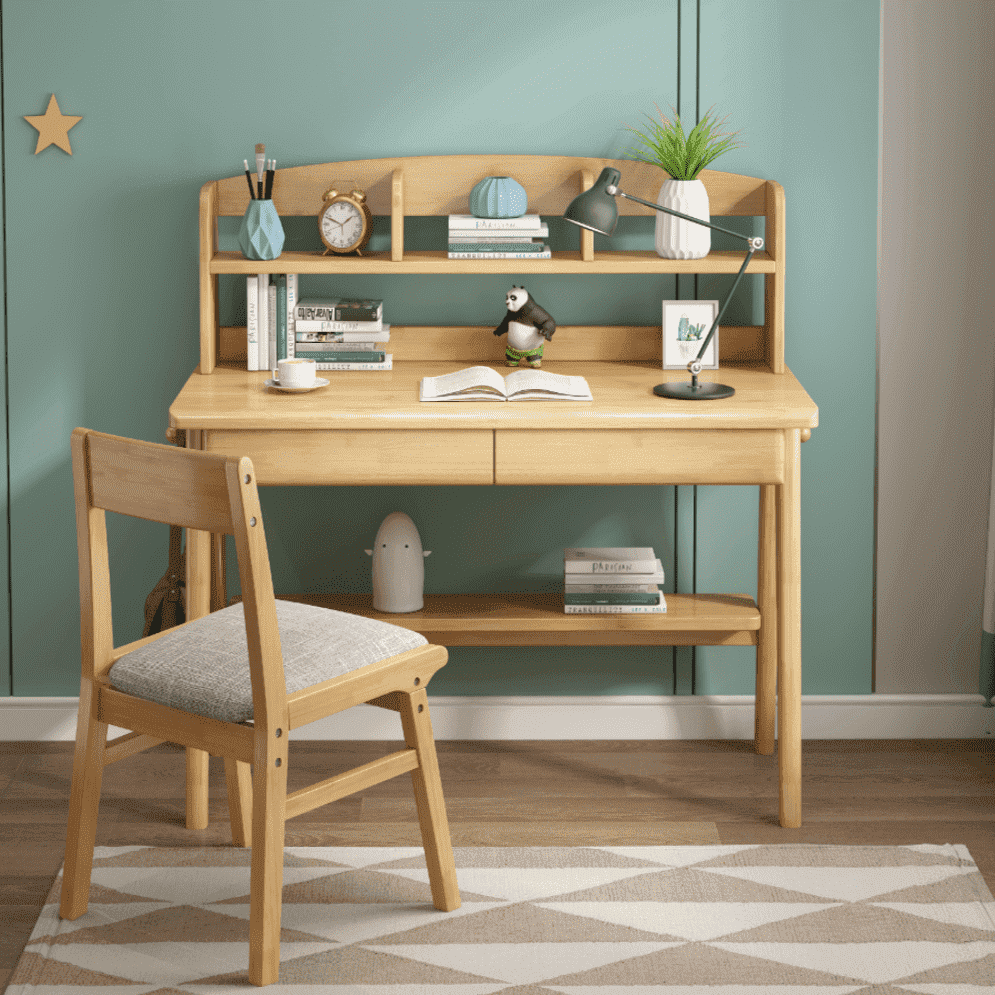 Solid Wood Study Desk with Shelf/Solid Timber/Minimal Assembly/Natural Wood Colour