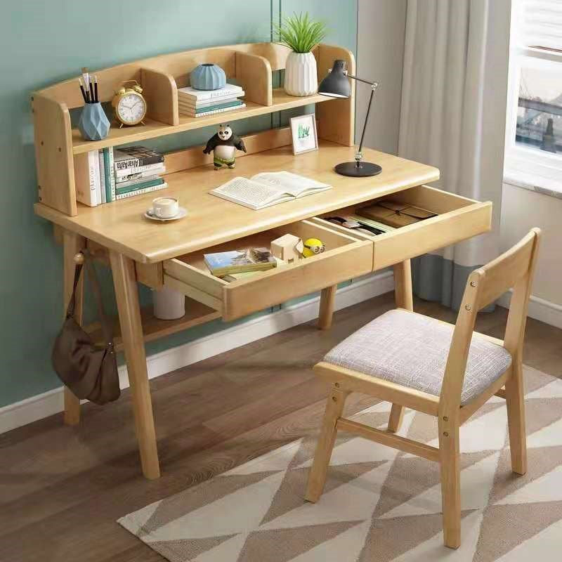 Solid Wood Study Desk with Shelf/Solid Timber/Minimal Assembly/Natural