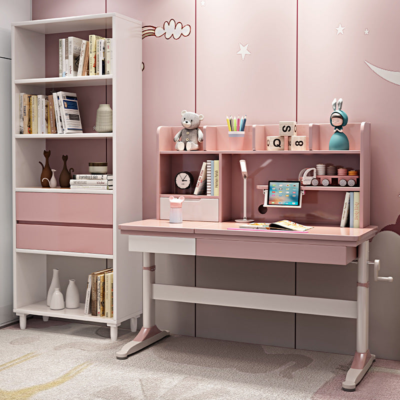120cm Height-Adjustable Kids Study Desks/Rubberwood Study Desk with Shelf/Home Office/Pink
