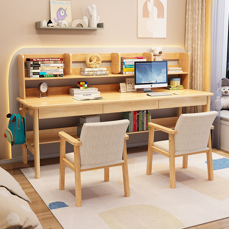 Dalenna Solid Wood Study Desk with Book Shelves and Drawers/Rubberwood/Long Study Desk/Natural color