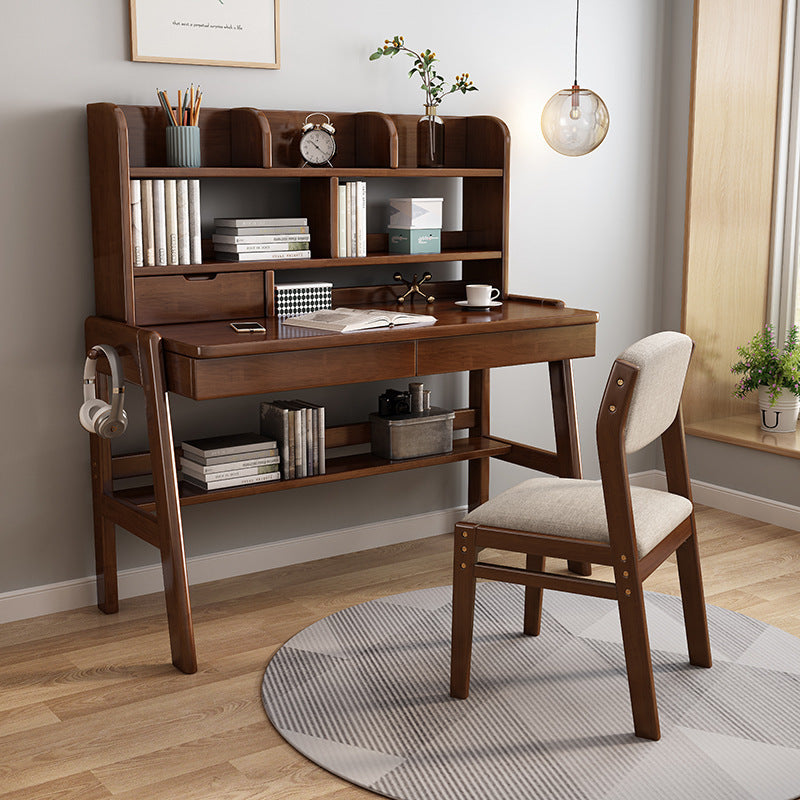 Ave Solid Wood Study Desk with Shelf and Drawers/Bookcase/Rubberwood/Walnut