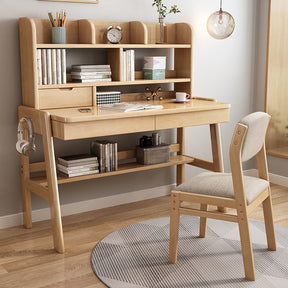 Ave Solid Wood Study Desk with Shelf and Drawers/Bookcase/Rubberwood/Natural wood color