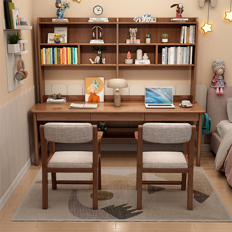 Trejan Walnut Solid Wood Study Desk with Book Shelves and Drawers/Rubberwood/Long Study Desk