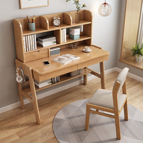 Ave Solid Wood Study Desk with Shelf and Drawers/Bookcase/Rubberwood/Natural wood color