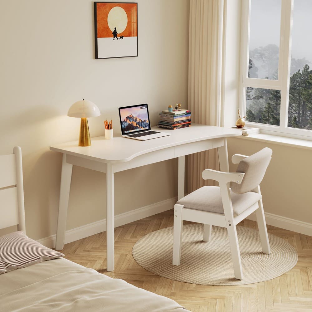 Draylen White Solid Wood Study Desk with Drawers /Rubberwood/Curved/0.
