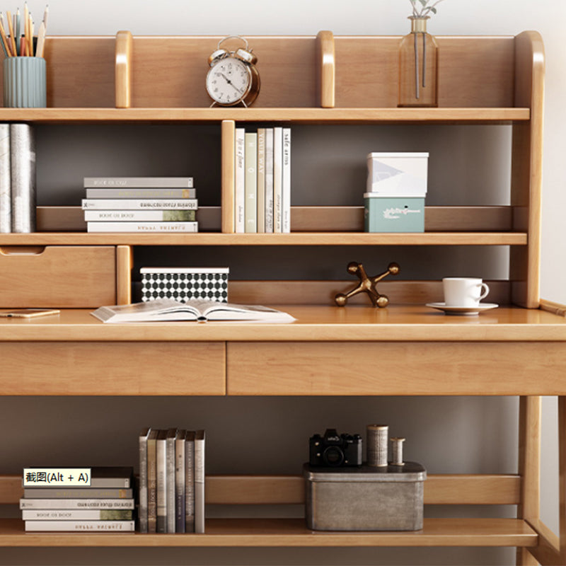 Ave Solid Wood Study Desk with Shelf and Drawers/Bookcase/Rubberwood/Natural wood color