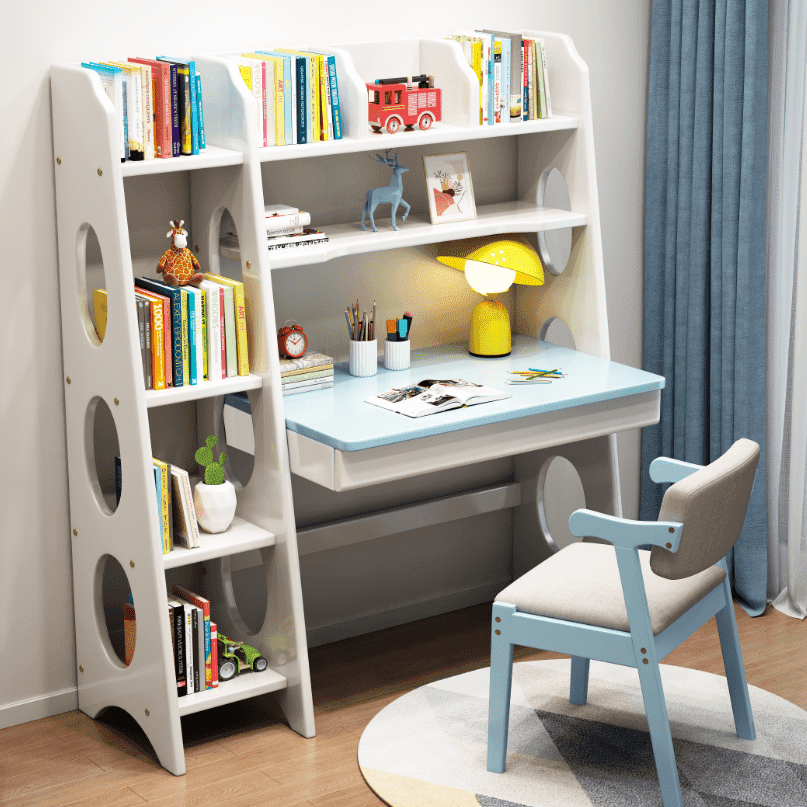 Bryla Solid Wood Study Desk with Shelves/Bookcase/Rubberwood/White and Blue color