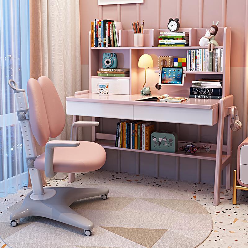 Stanselly Pink Solid Wood Kids Study Desk with Shelf/Rubberwood/1.2M