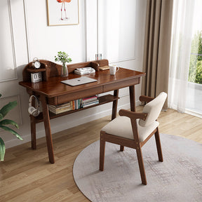 Andri Solid Wood Study Desk with Mini Shelf and Drawers/Rubberwood/Home Office Desk/Walnut
