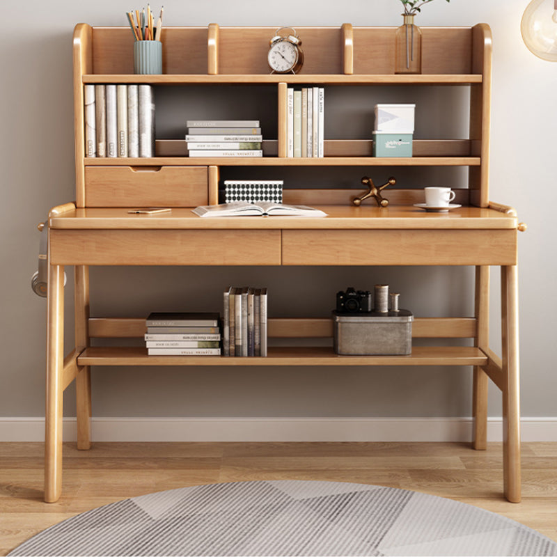 Ave Solid Wood Study Desk with Shelf and Drawers/Bookcase/Rubberwood/Natural wood color