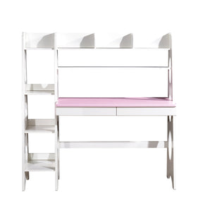 Bryla Solid Wood Study Desk with Shelves/Bookcase/Rubberwood/White and Pink color