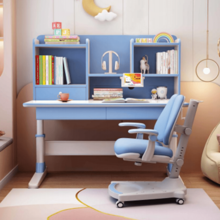 Height-Adjustable Study Desks/Solid Wood Study Desk with Shelf/Home Office/Blue
