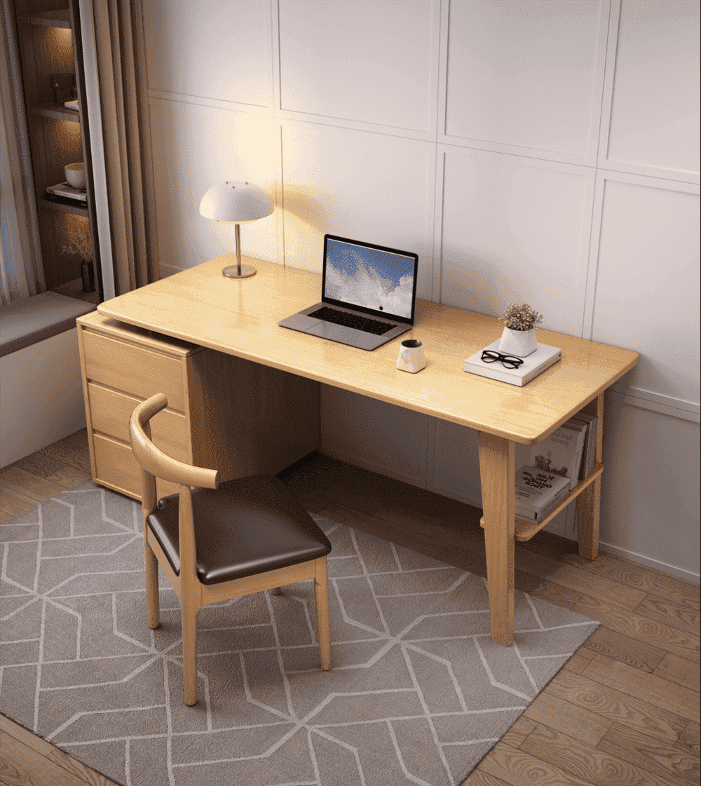 Risner Solid Wood Study Desk with Drawers/Rubberwood/Natural Wood Colour