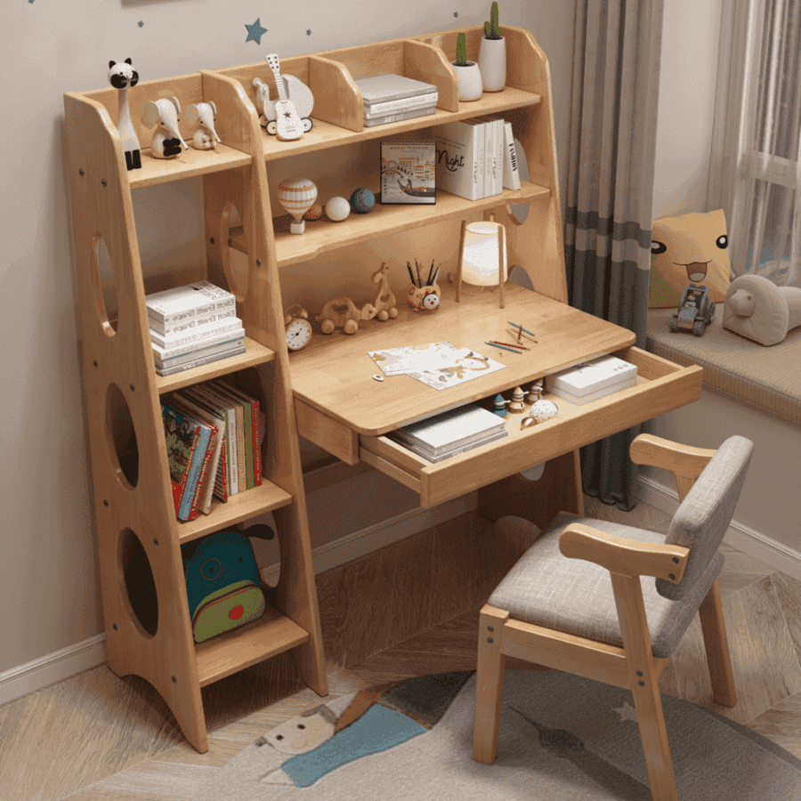 Bryla 130CM Solid Wood Study Desk with Shelves/Bookcase/Rubberwood/Natural wood color