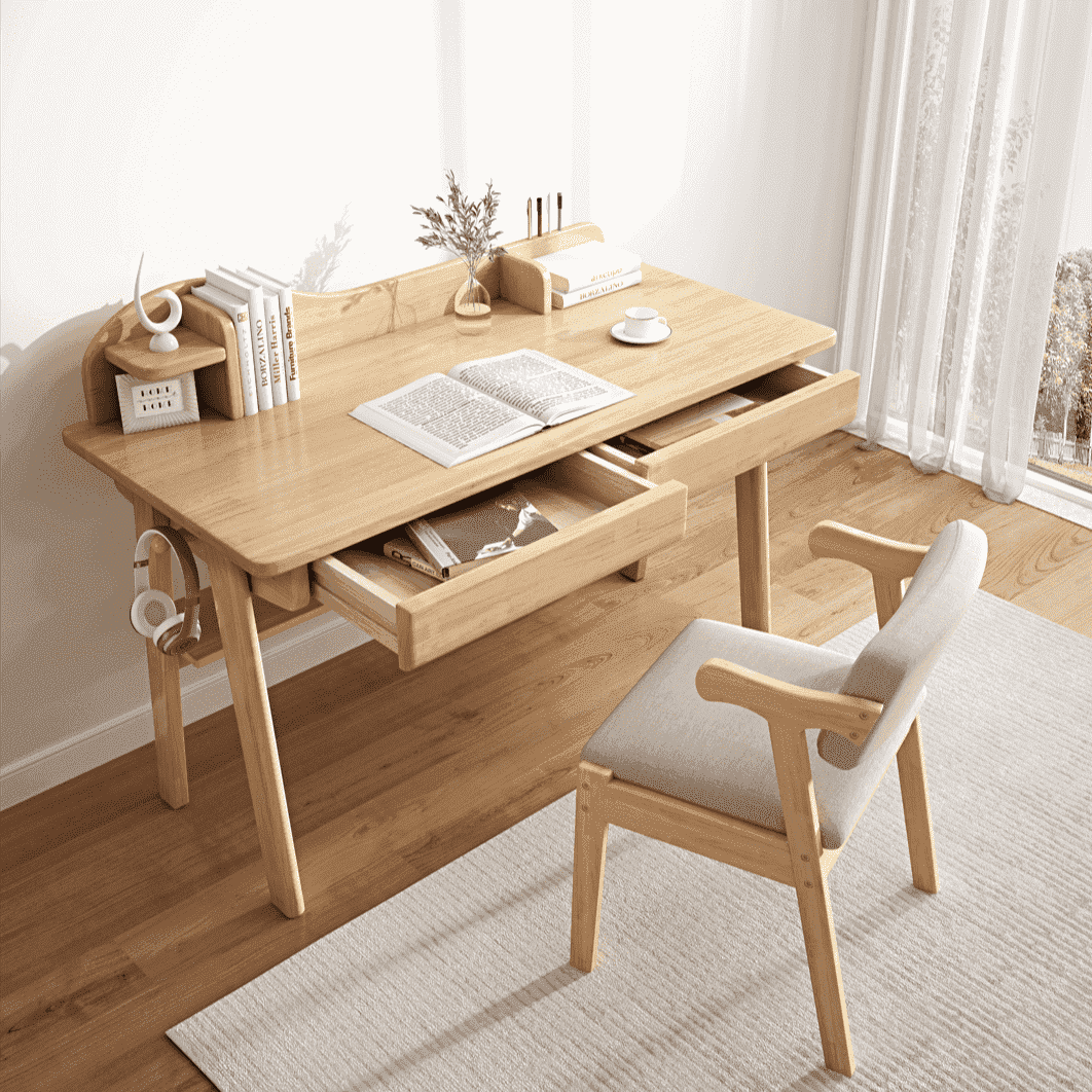 Andri Solid Wood Study Desk with Mini Shelf and Drawers/Rubberwood/Home Office Desk