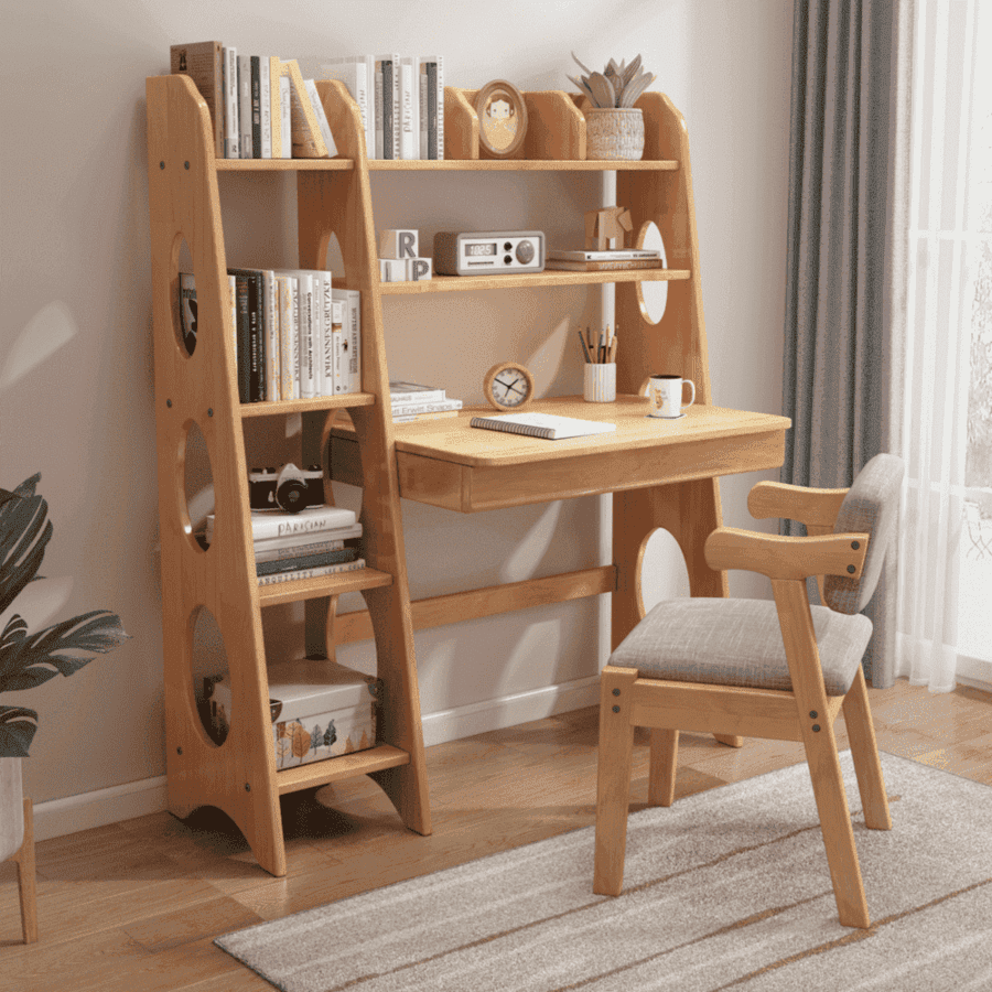 Bryla 110CM Solid Wood Study Desk with Shelves/Bookcase/Rubberwood/Natural wood color