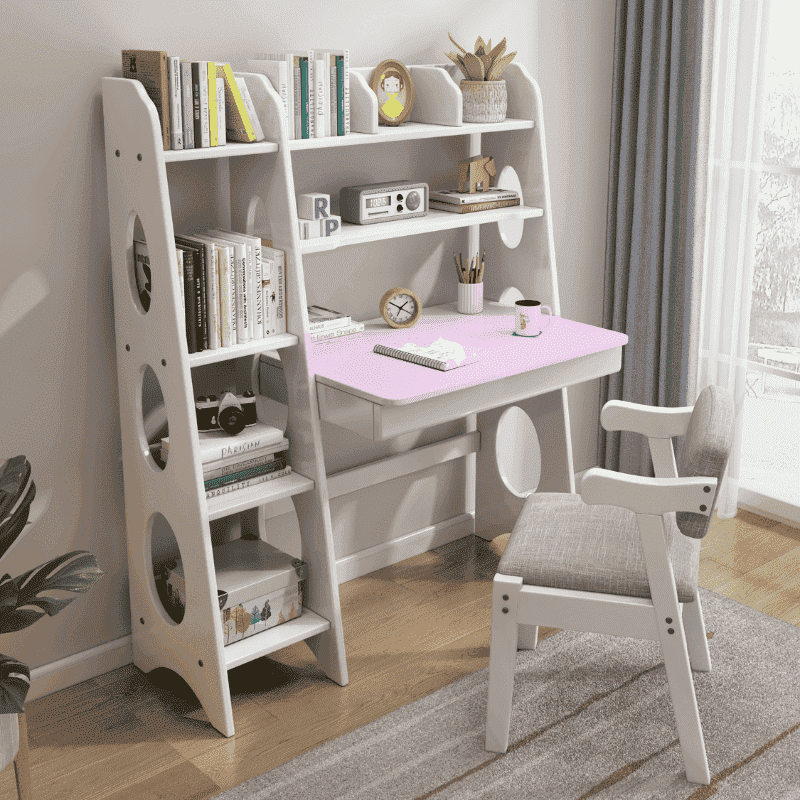 Bryla Solid Wood Study Desk with Shelves/Bookcase/Rubberwood/White and Pink color