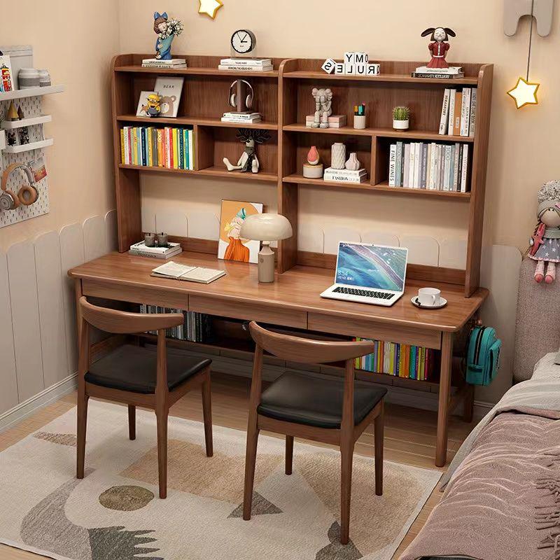 Trejan Walnut Solid Wood Study Desk with Book Shelves and Drawers/Rubberwood/Long Study Desk